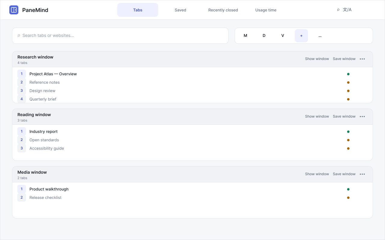 PaneMind workspace with live tabs grouped by window